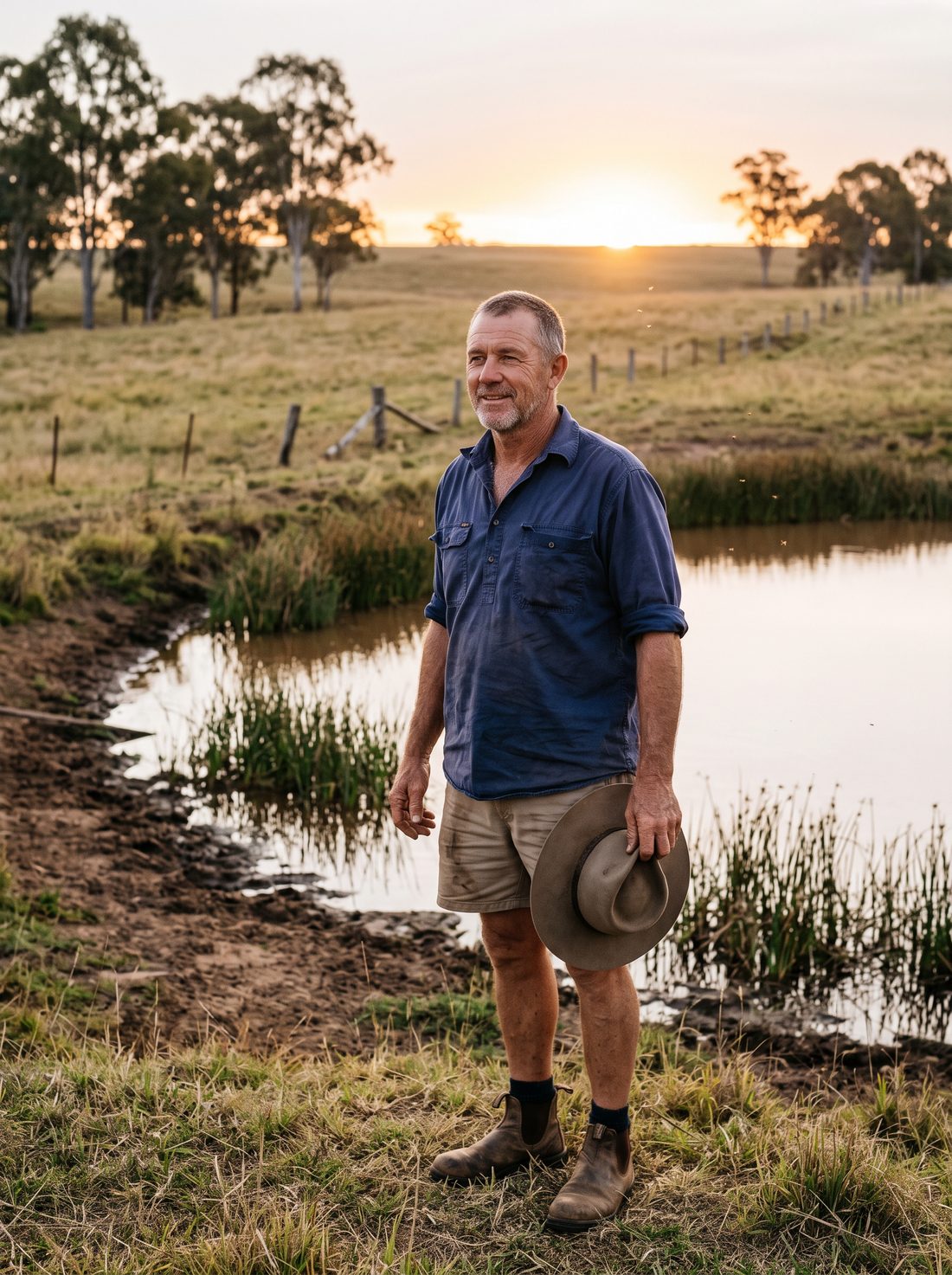Darren Whitfield, 54, standing at the edge of his farm dam at sunset, hat in hand
