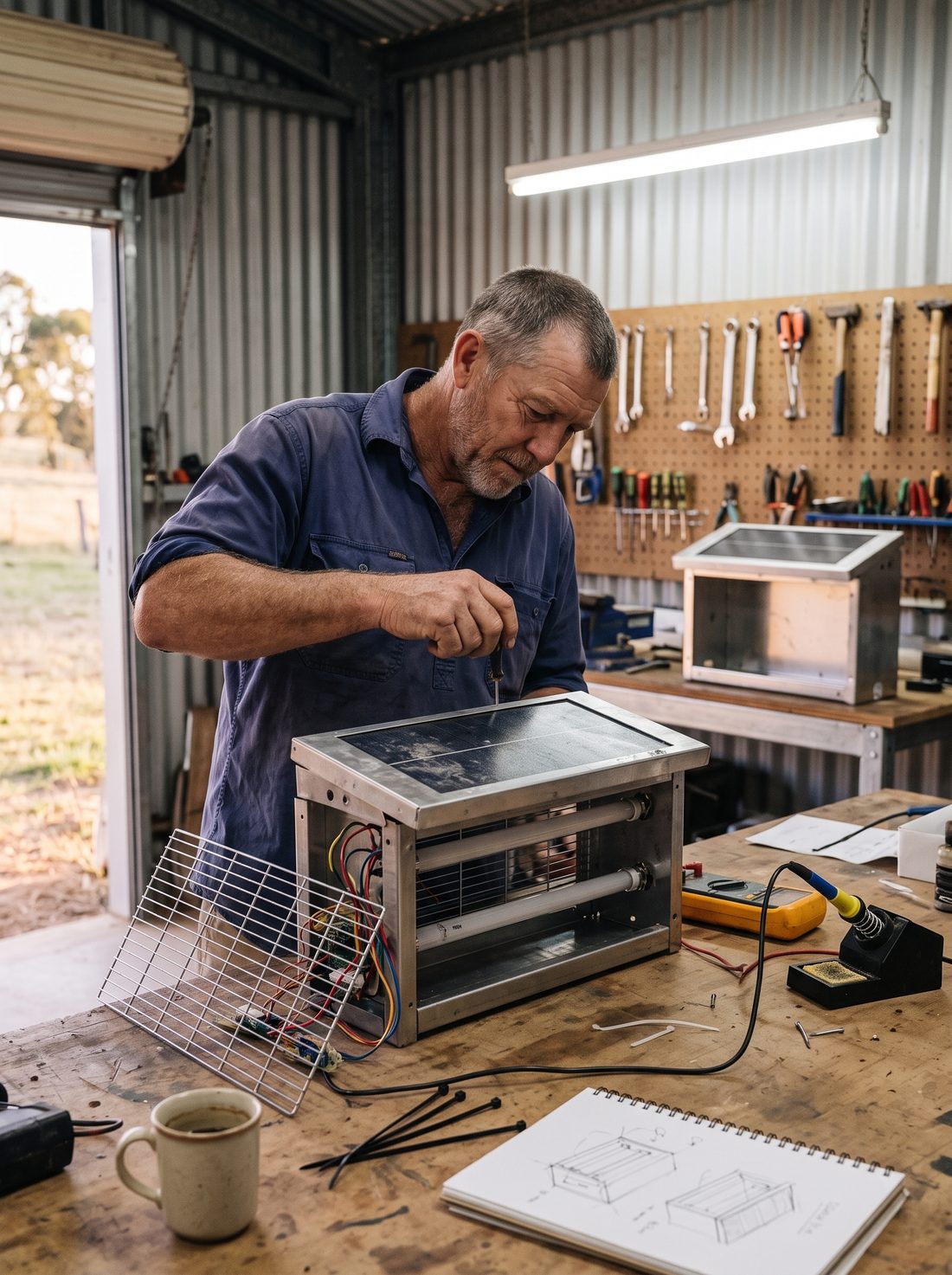 Darren at his shed workbench working on an early steel prototype with its front grid removed