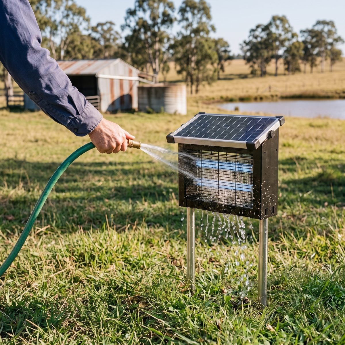 Darren hosing down the Sentinel on his lawn, with a farm shed, water tank and dam behind