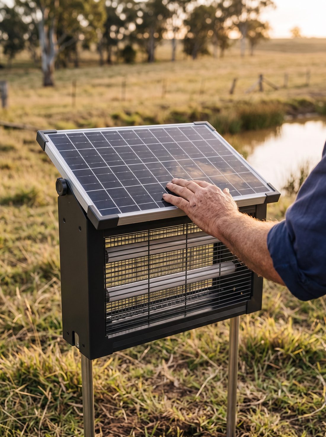 Darren brushing dust off the Sentinel's solar panel in late-afternoon sun, with the farm dam behind