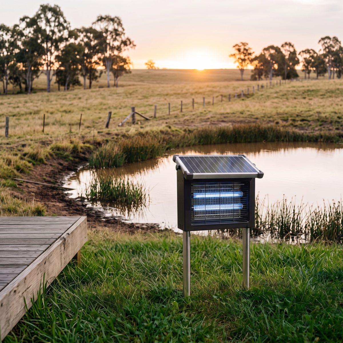 The Sentinel staked in the Whitfields' lawn beside the timber deck, with the farm dam behind